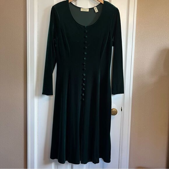 Vintage Emerald Green Velvet Long Sleeve Dress - Picture 1 of 12